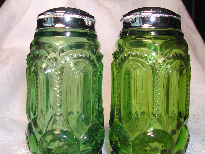Vintage Rare Green Moon and Star Glass Salt and Pepper