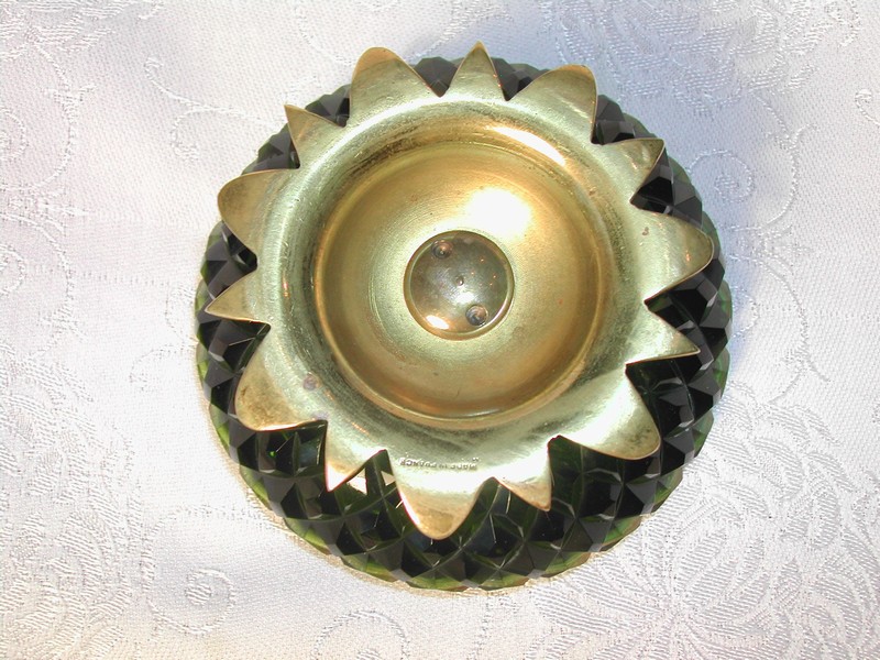 French Art Nouvaeu Diamond Hobnail Glass & Brass Nut Dish
