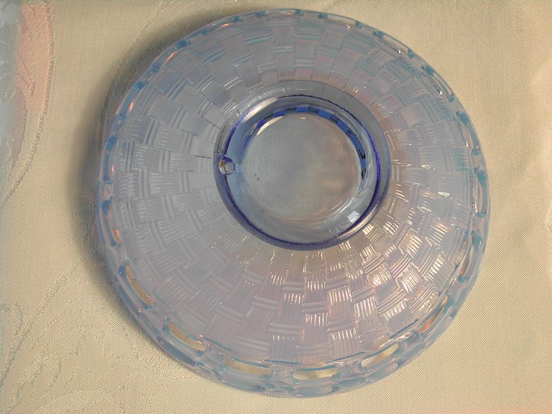 Fenton Blue Opalescent Art Glass Lace Edge Basket Weave Bowl