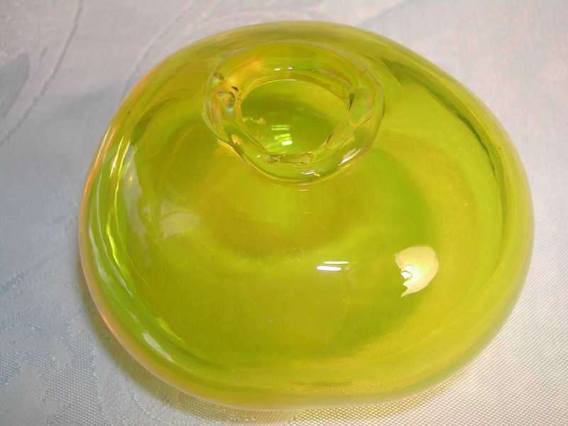 Blenko ?  Lemon Yellow Art Glass Pen Holder / Squat Vase