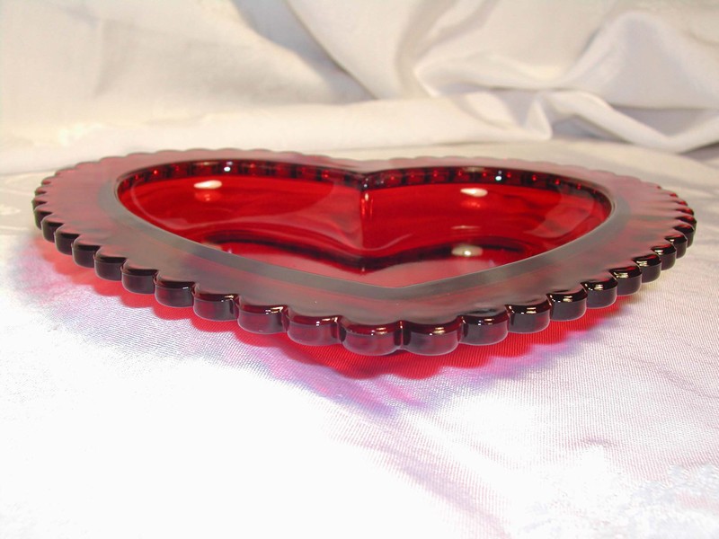 Ruby Red Glass Heart Shaped Candy Dish