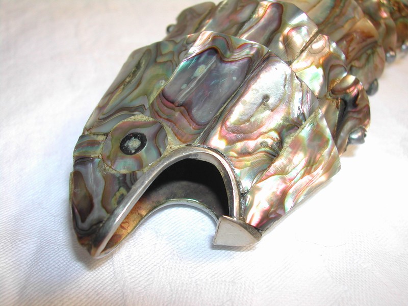 Vintage Abalone & Silverplate Hinged Hand Crafted Fish Bottle Op