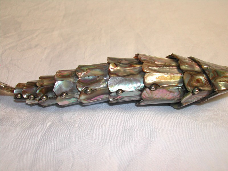 Vintage Abalone & Silverplate Hinged Hand Crafted Fish Bottle Op