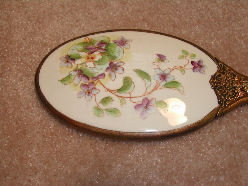 Antique/Vintage Porcelain & Brass Handled Mirror Violets