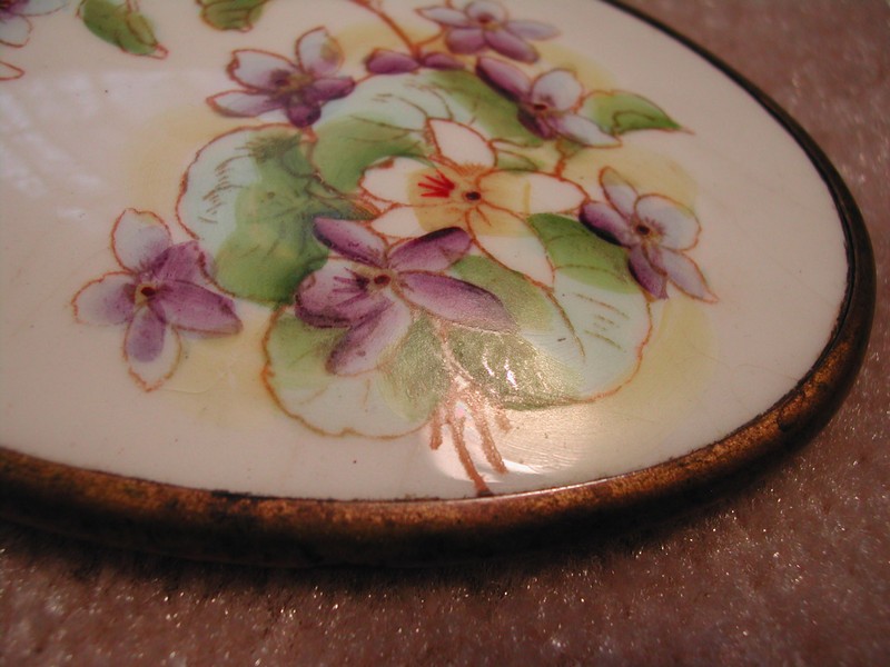 Antique/Vintage Porcelain & Brass Handled Mirror Violets