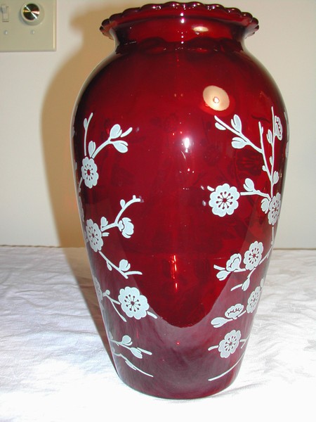 Anchor Hocking Royal Ruby Hoover Vase - Birds & Dogwood
