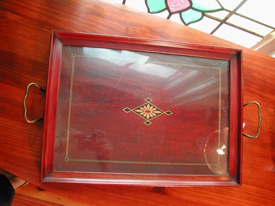 Lovely Vintage Inlay Wood & Glass Tray Brass Handles