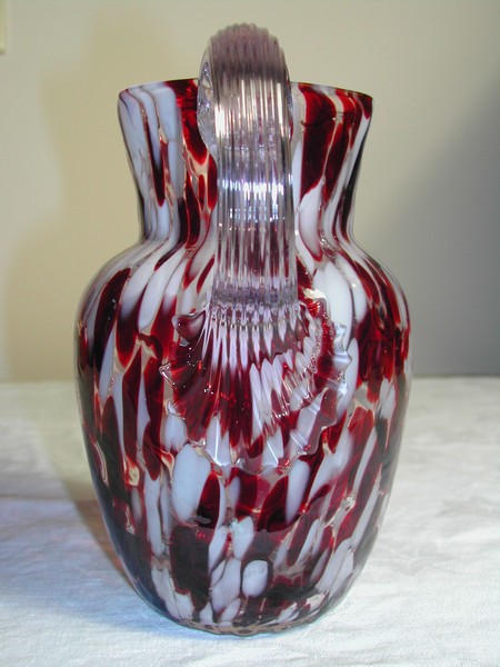 Stunning Victorian Style Glass Pitcher Ruby & White Spatter Over