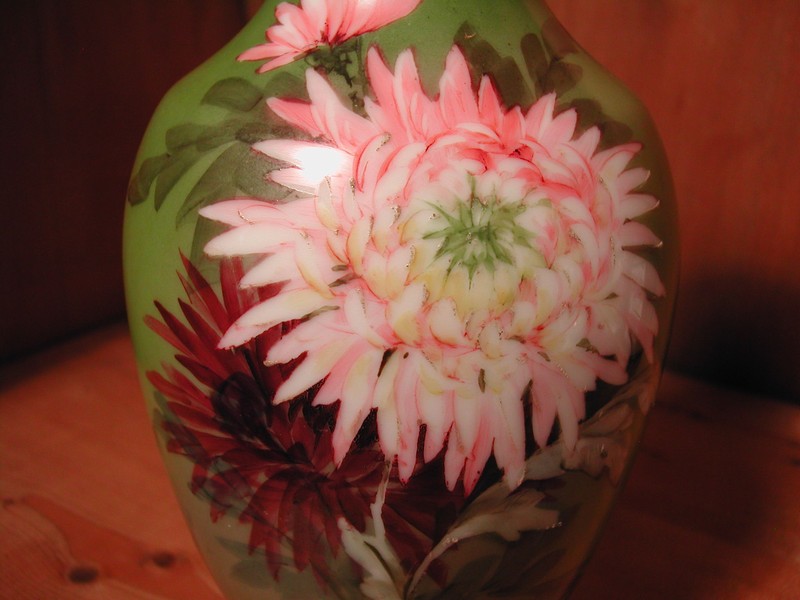 Green Hand Painted Mums Vase