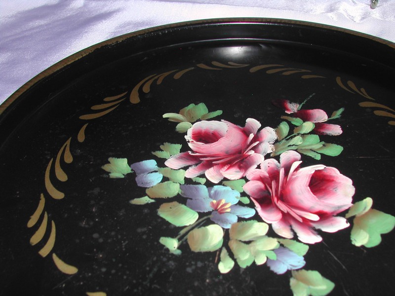 A Vintage Tole Toleware Tray Hand Painted Pink Roses