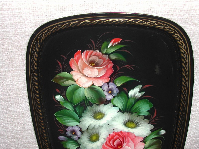 Tole Style Hand Painted Metal Ware Tray Zhostovo Russia