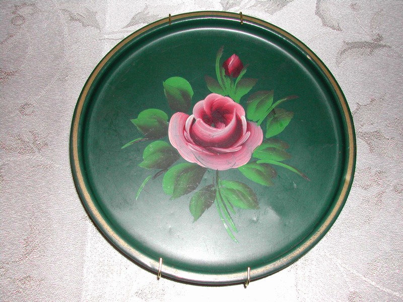 Green Tole Ware Tray with Pink Roses