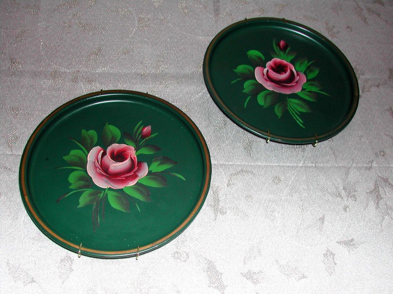 Green Tole Ware Tray with Pink Roses