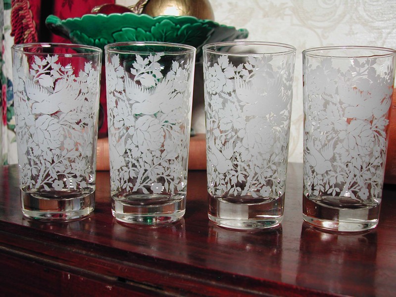 Libbey Glass Tumblers Frosted Birds Rose Bushes Vintage