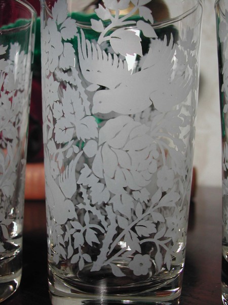 Libbey Glass Tumblers Frosted Birds Rose Bushes Vintage