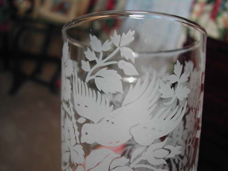 Libbey Glass Tumblers Frosted Birds Rose Bushes Vintage