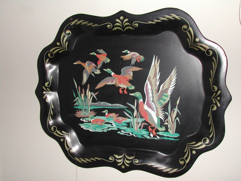 Vintage Gregorian Style Black Toleware Tray Geese