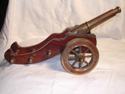 Handsome Vintage English Brass/Bronze and Wood Cannon Statue